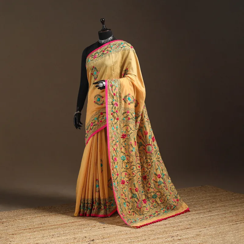 Beige - Bengal Chanderi Silk Hand Embroidered Saree 14 sold by Itokri