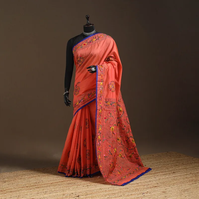 Orange - Bengal Chanderi Silk Hand Embroidered Saree 13 sold by Itokri