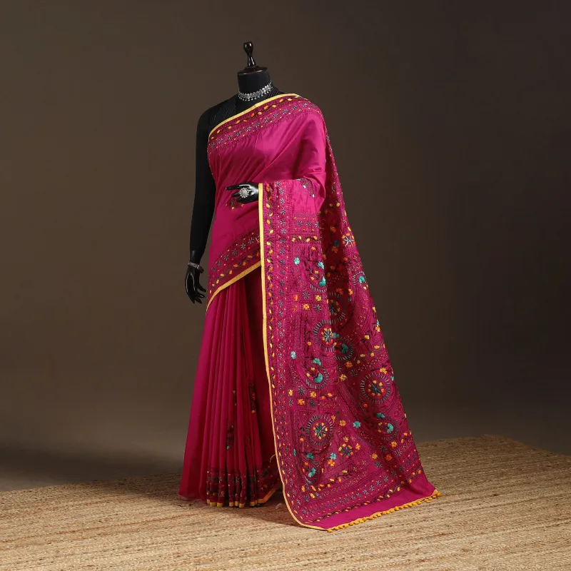Pink - Bengal Chanderi Silk Hand Embroidered Saree 09 made by Itokri