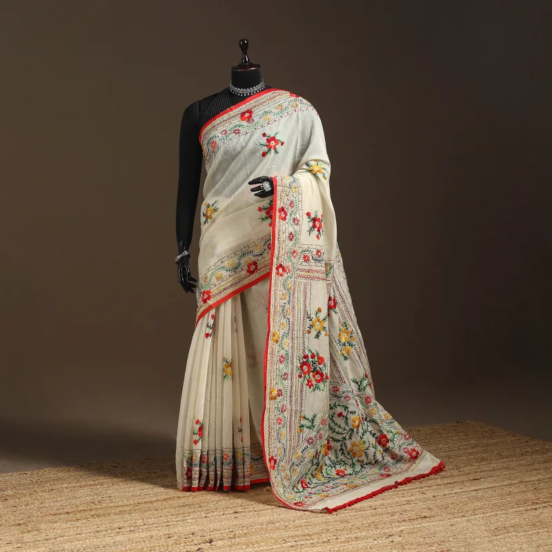 White - Bengal Chanderi Silk Hand Embroidered Saree 08 sold by Itokri