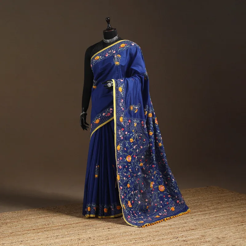 Blue - Bengal Chanderi Silk Hand Embroidered Saree 06 made by Itokri