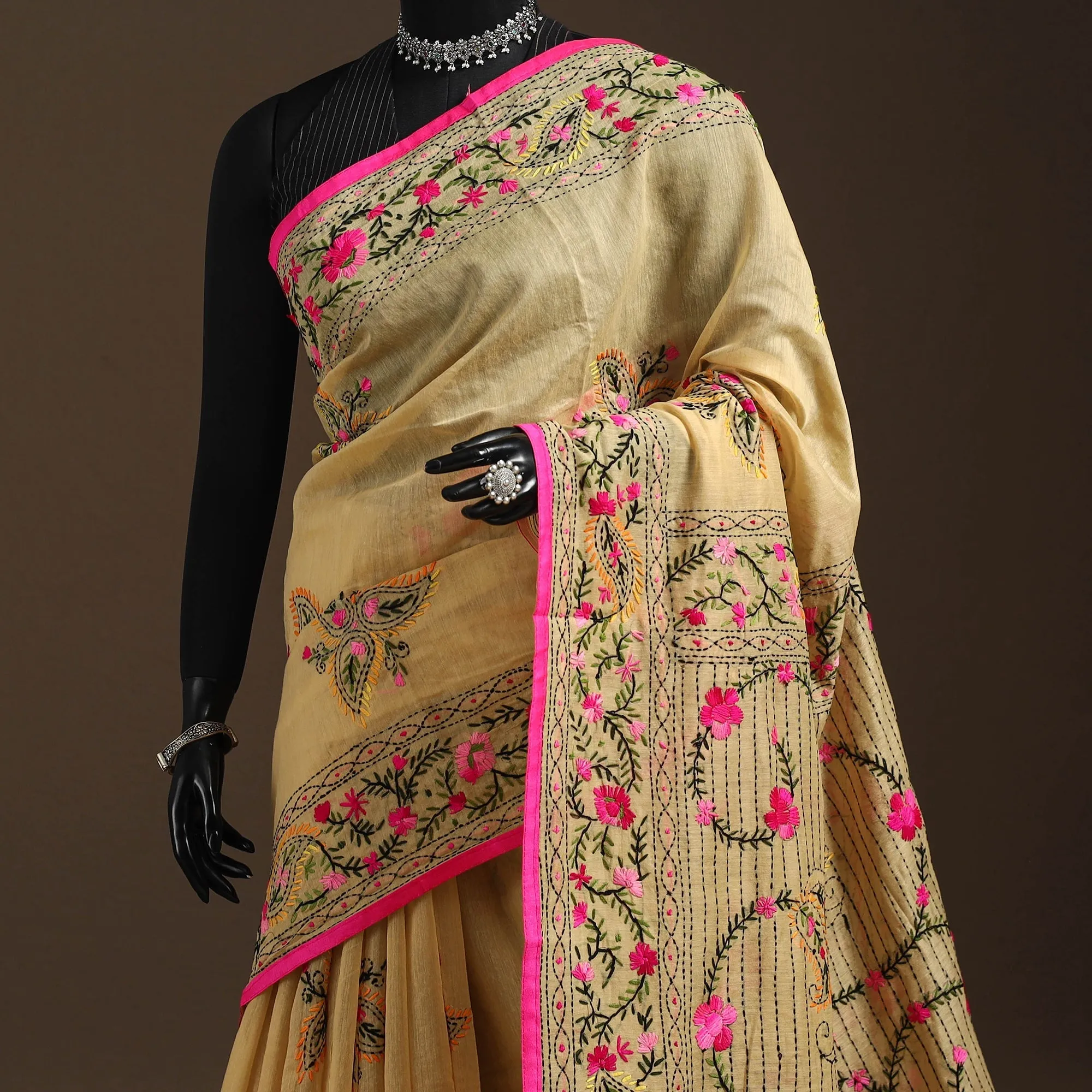 Beige - Bengal Chanderi Silk Hand Embroidered Saree 04 sold by Itokri product image thumbnail 2
