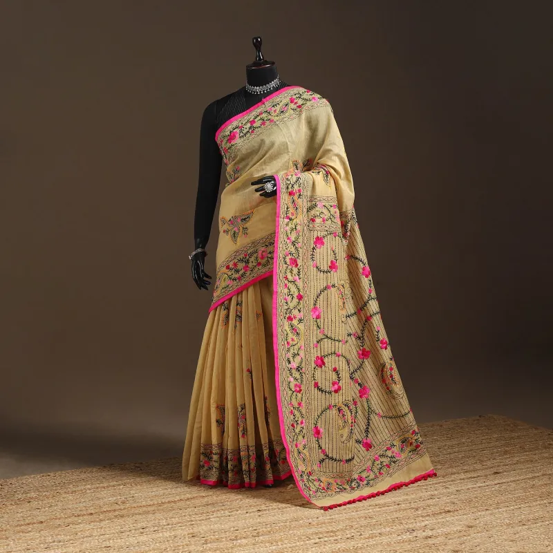 Beige - Bengal Chanderi Silk Hand Embroidered Saree 04 made by Itokri