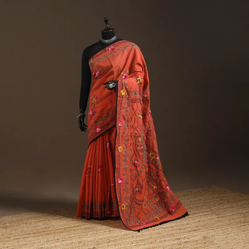 Orange - Bengal Chanderi Silk Hand Embroidered Saree 03 made by Itokri