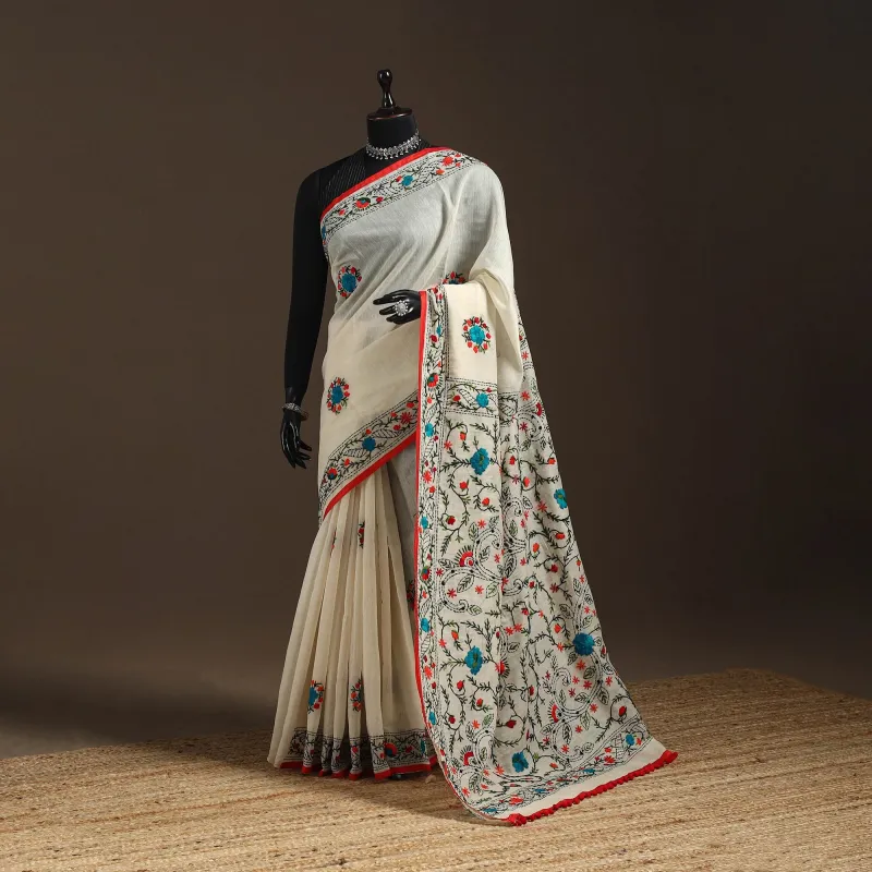 White - Bengal Chanderi Silk Hand Embroidered Saree 01 sold by Itokri
