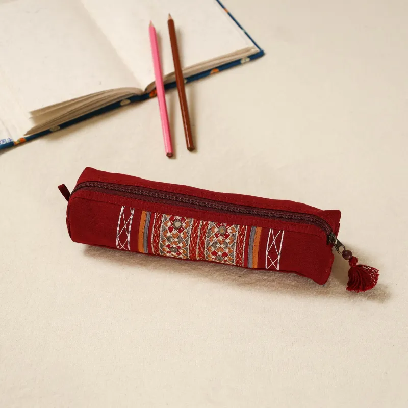 Red - Kutch Neran Hand Embroidered Pencil Pouch 235 sold by Itokri