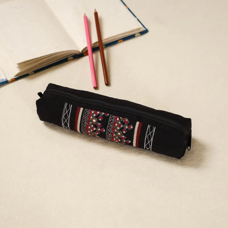Black - Kutch Neran Hand Embroidered Pencil Pouch 234 sold by Itokri