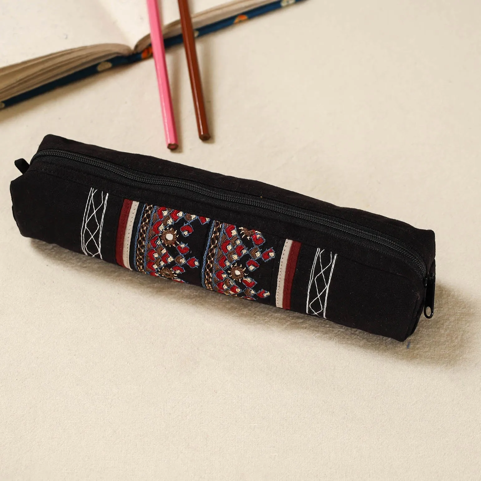 Black - Kutch Neran Hand Embroidered Pencil Pouch 234 sold by Itokri product image thumbnail 2