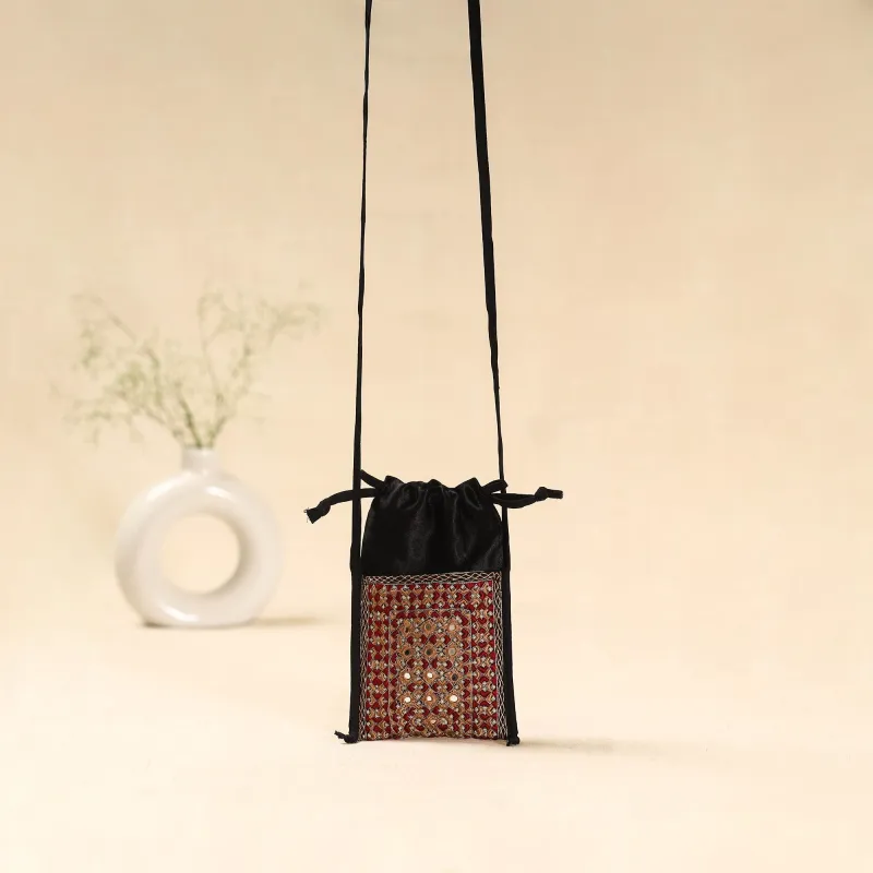 Black - Kutch Neran Hand Embroidered Sling Dori Mobile Pouch 221 sold by Itokri
