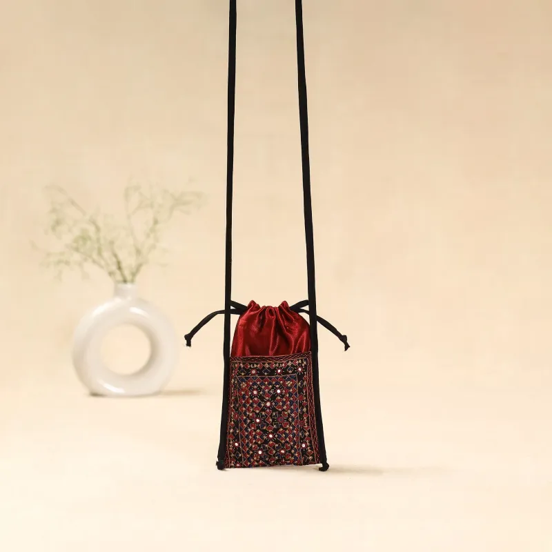 Red - Kutch Neran Hand Embroidered Sling Dori Mobile Pouch 220 made by Itokri