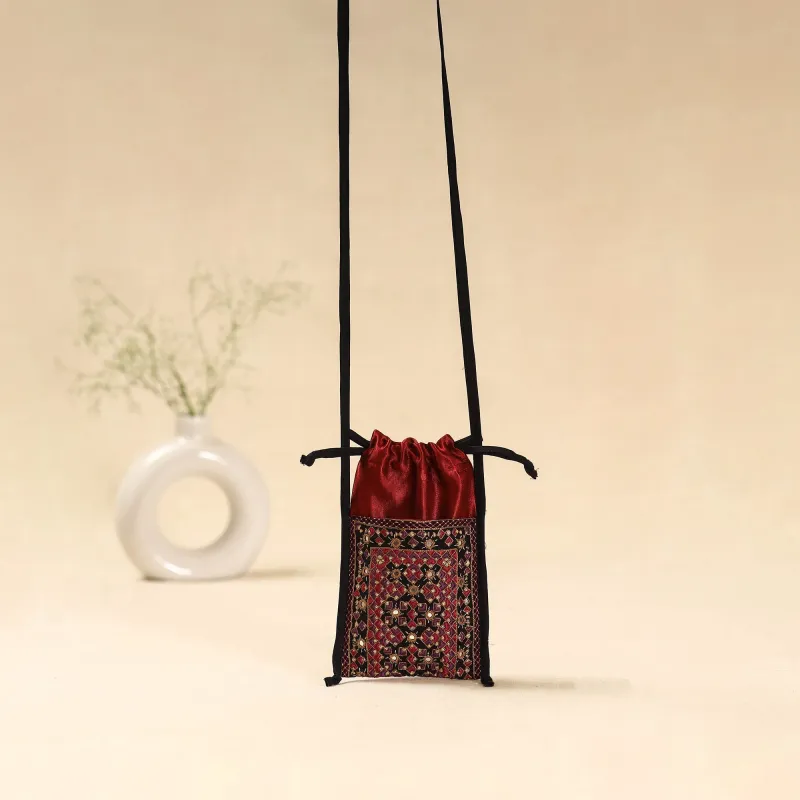 Red - Kutch Neran Hand Embroidered Sling Dori Mobile Pouch 218 sold by Itokri