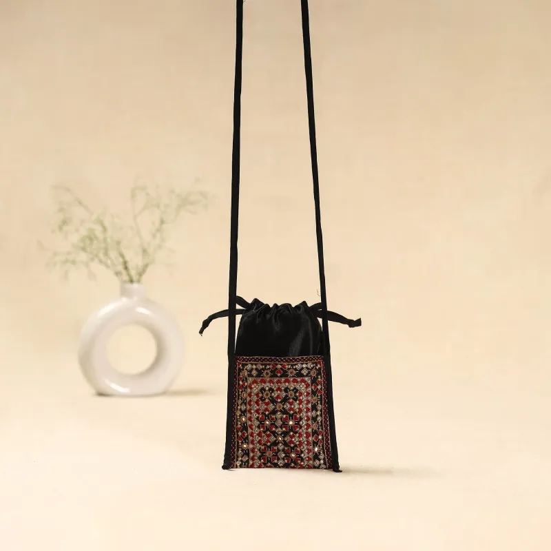Black - Kutch Neran Hand Embroidered Sling Dori Mobile Pouch 217 sold by Itokri