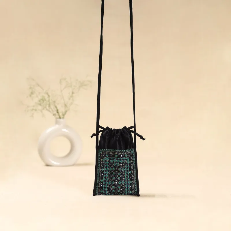 Black - Kutch Neran Hand Embroidered Sling Dori Mobile Pouch 214 sold by Itokri