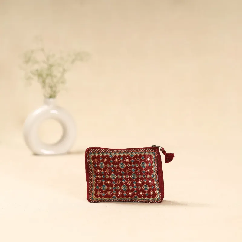 Red - Kutch Pakko Neran Hand Embroidered Cosmetic Pouch 192 sold by Itokri