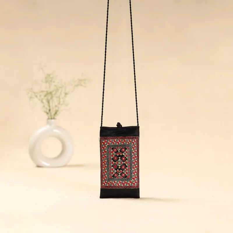 Black - Kutch Neran Hand Embroidered Sling Dori Mobile Pouch 107 sold by Itokri