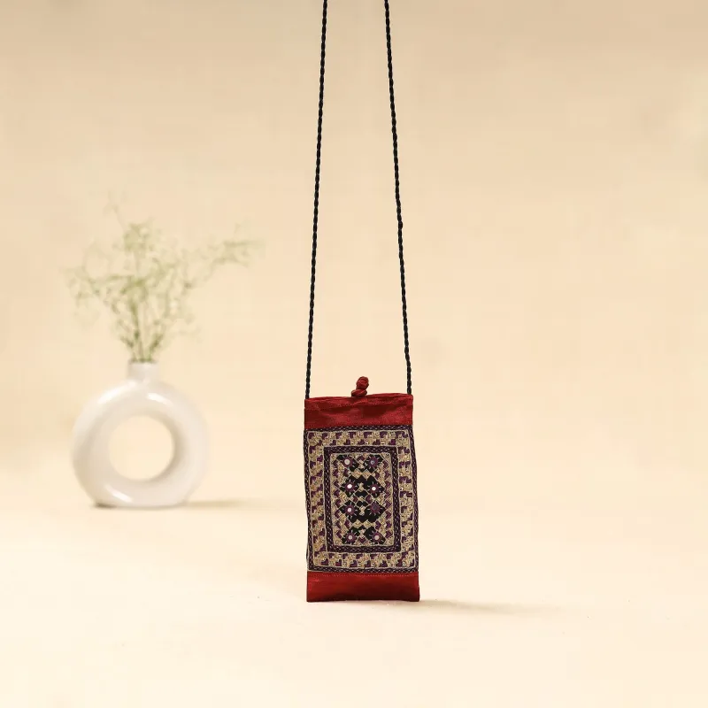 Red - Kutch Neran Hand Embroidered Sling Dori Mobile Pouch 106 sold by Itokri