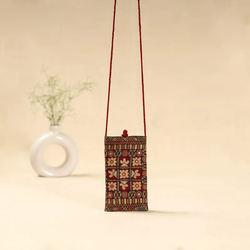 Red - Kutch Node Hand Embroidered Sling Dori Mobile Pouch 103 sold by Itokri