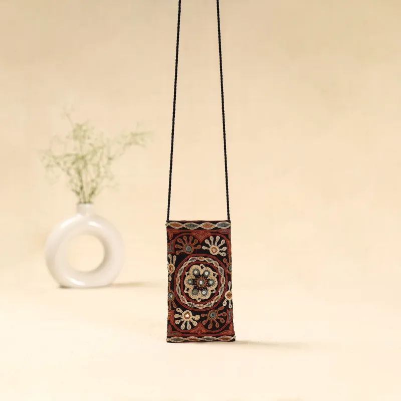 Black - Kutch Ahir Hand Embroidered Sling Dori Mobile Pouch 100 sold by Itokri