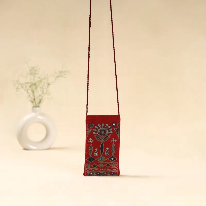 Red - Kutch Ahir Hand Embroidered Sling Dori Mobile Pouch 92 sold by Itokri