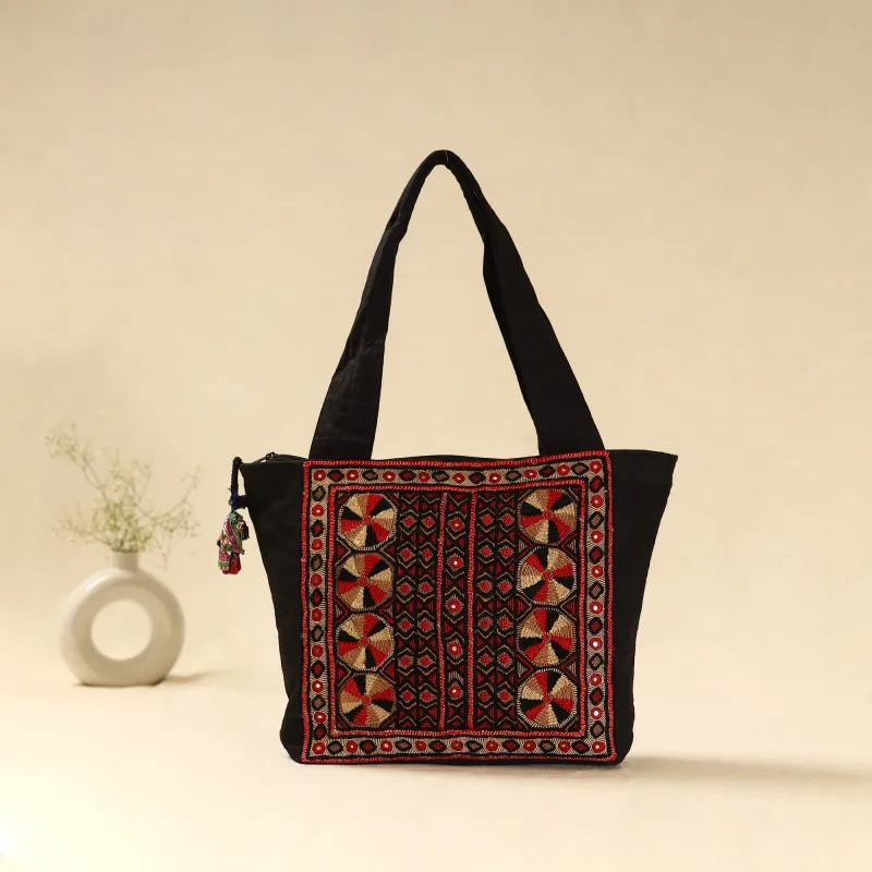 Black - Kutch Jat Hand Embroidered Tote Bag 113 sold by Itokri
