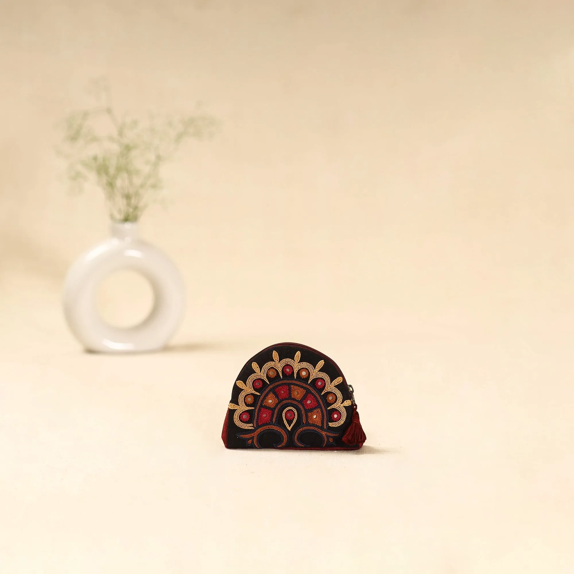 Black - Kutch Ahir Hand Embroidered Coin Pouch 130 sold by Itokri