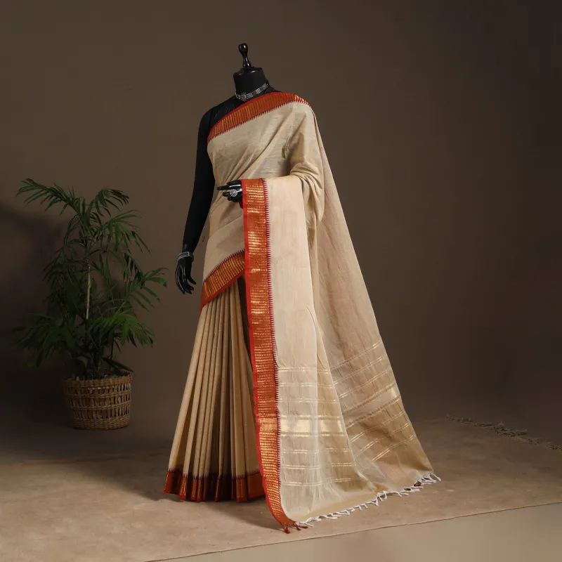 Beige - Kandangi Chettinad Cotton Saree with Border 69 sold by Itokri