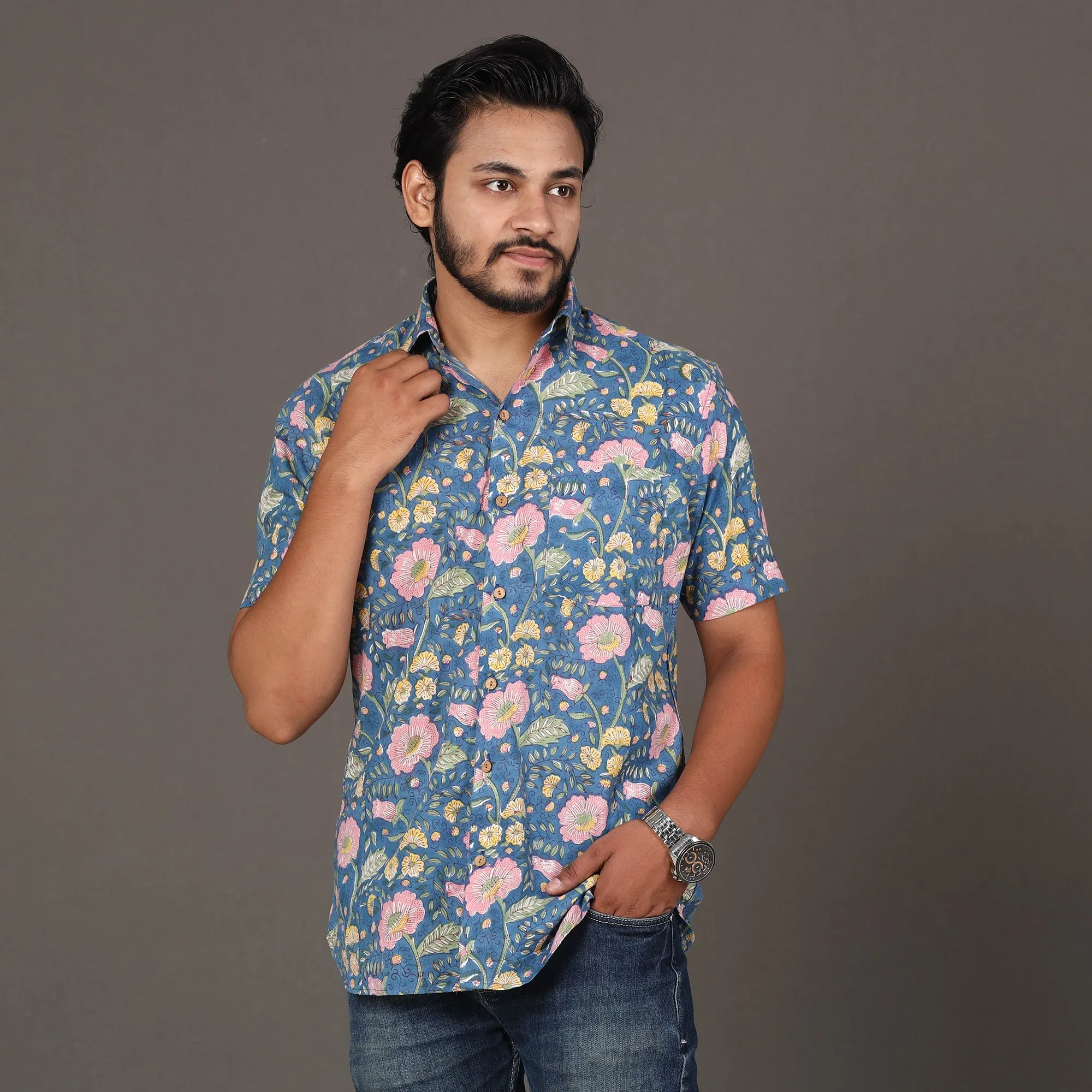 Men Sanganeri Block Printed Cotton Half Sleeve Shirt sold by Itokri
