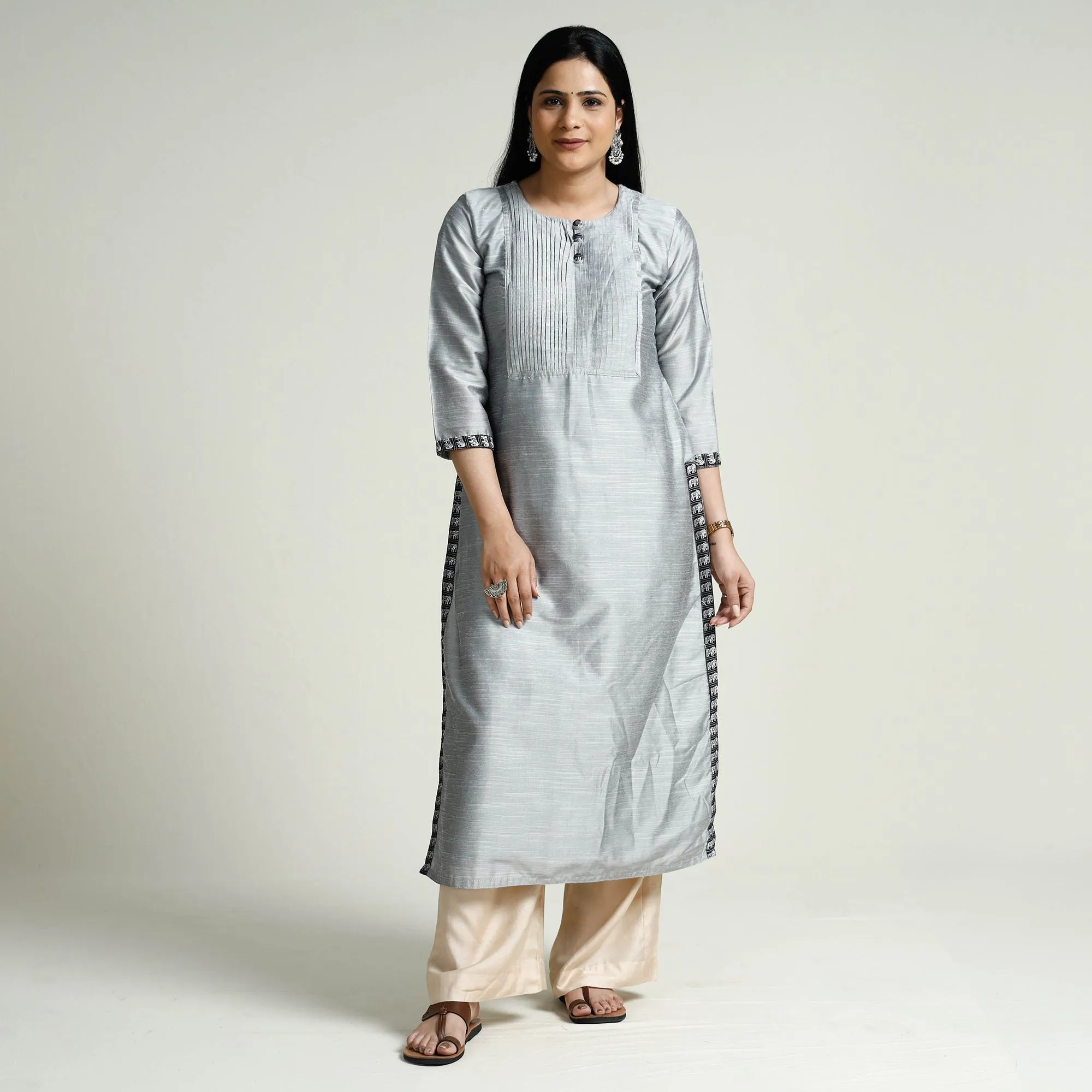 Grey - Plain Slub Silk Pintuck Long Straight Kurta sold by Itokri product image thumbnail 2