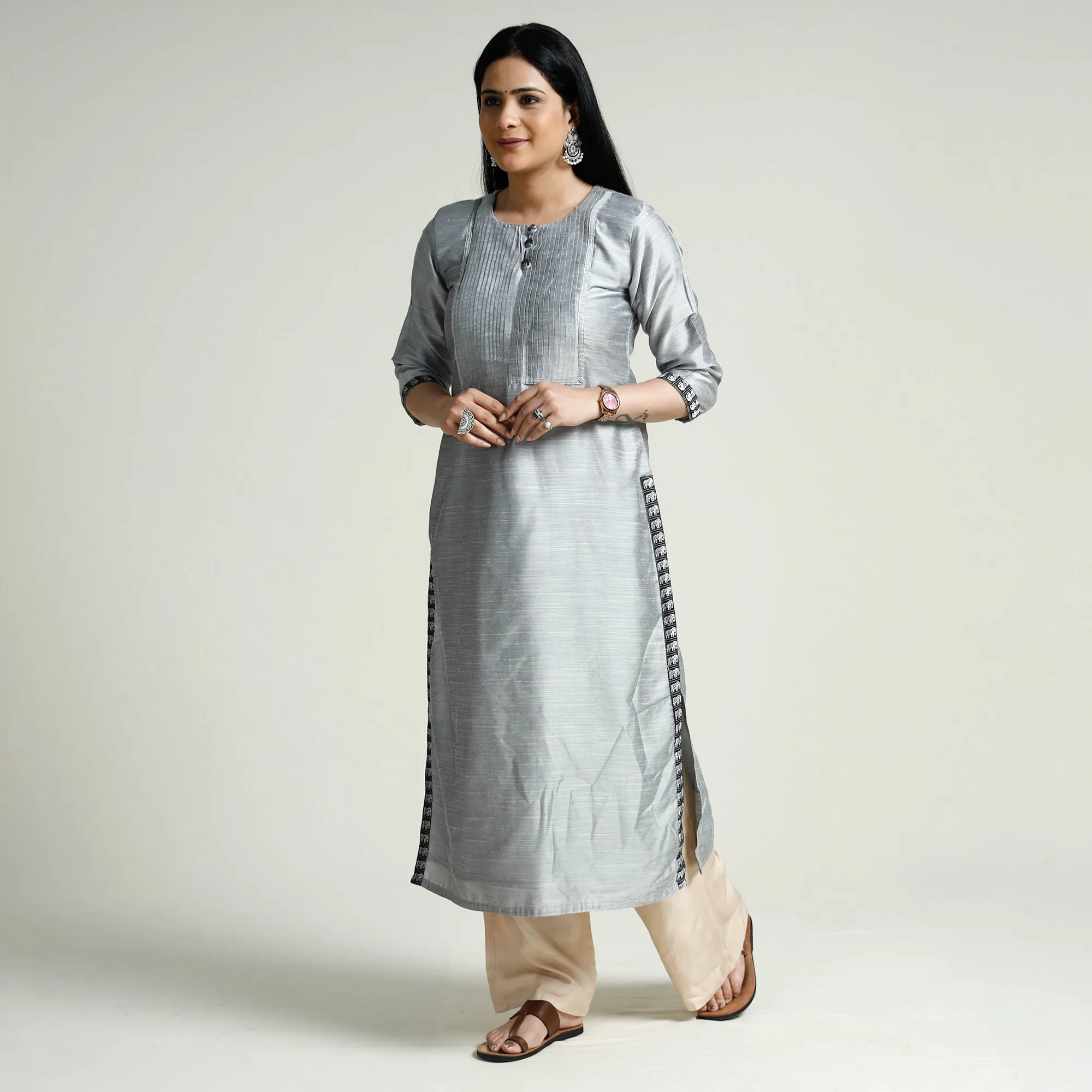 Grey - Plain Slub Silk Pintuck Long Straight Kurta sold by Itokri product image thumbnail 3