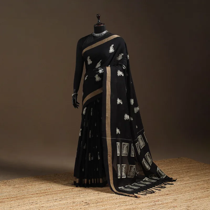 Black - Dharwad Cotton Saree with Thread Buta 26 made by Itokri