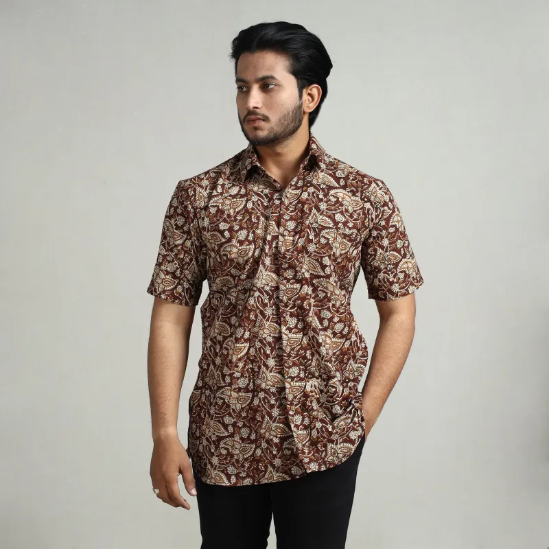 Dark Brown - Bagru Block Printed Cotton Men Half Sleeve Shirt sold by Itokri