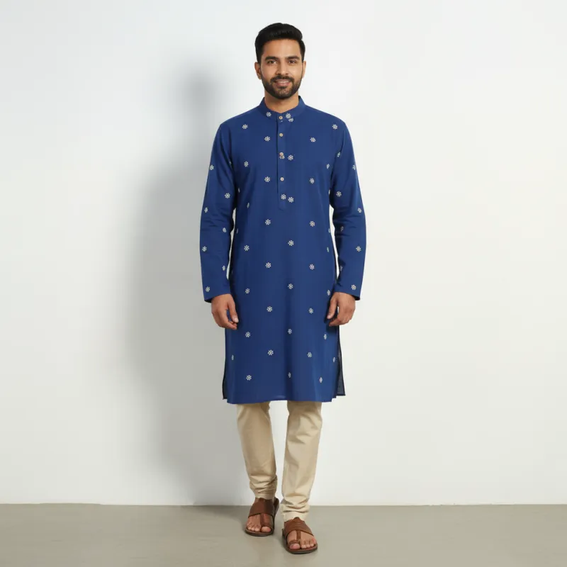 Blue - Thread Buti Cotton Long Plain Kurta for Men 05 sold by Itokri