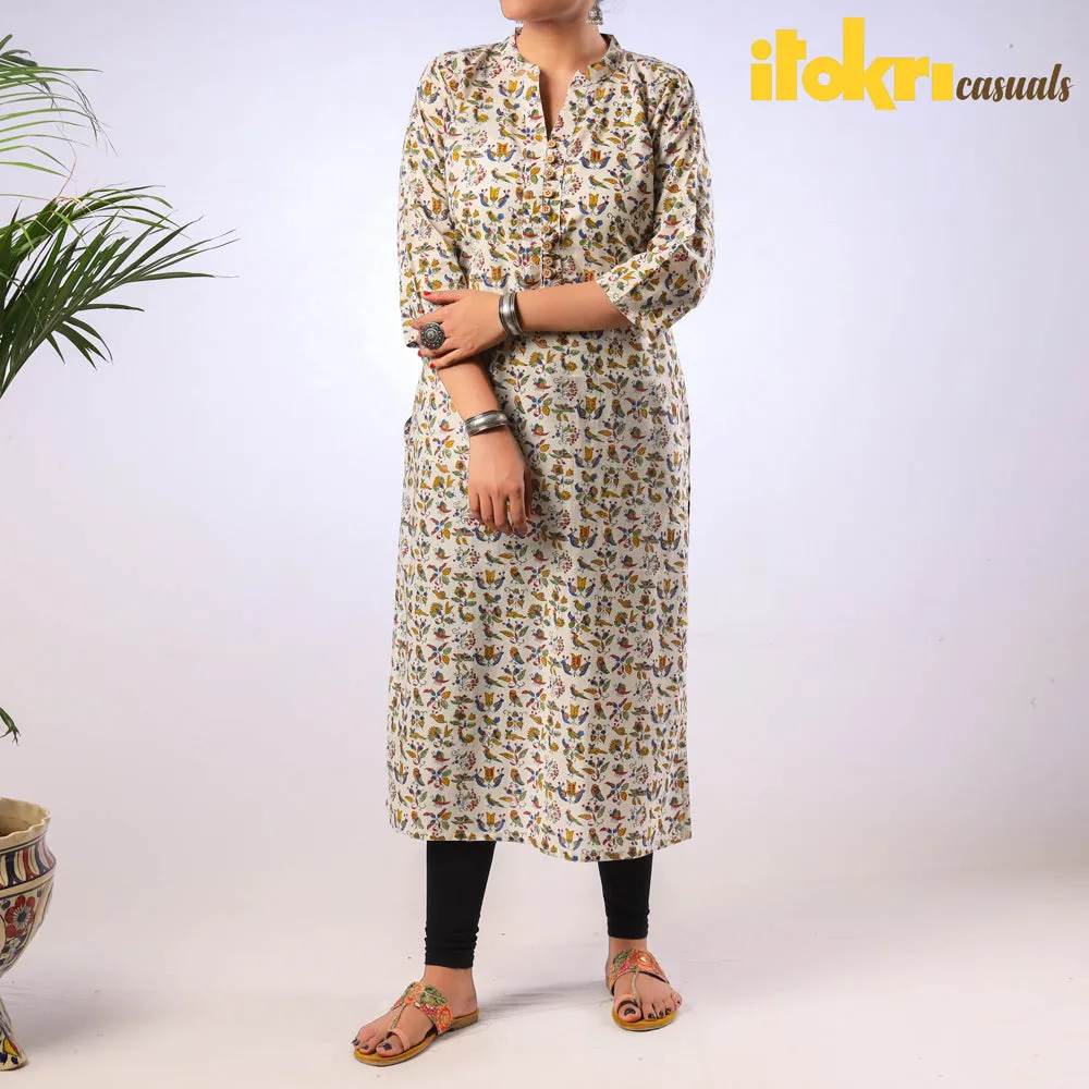 White - Sanganeri Hand Block Printed Cotton Long Kurta sold by Itokri