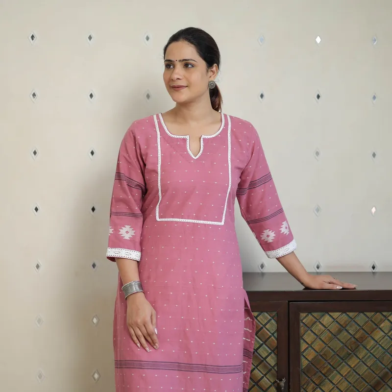 Purple - Jacquard Cotton Straight Kurta with Lace Work 29 made by Itokri