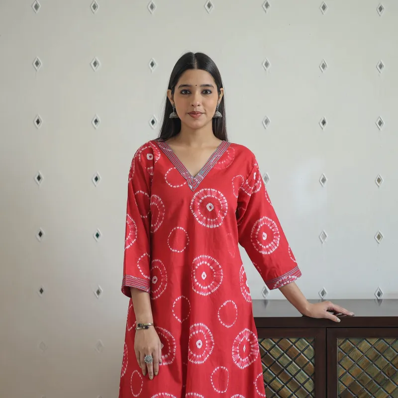 Red - A-Line Tie & Dye Cotton Shibori Kurta 04 made by Itokri