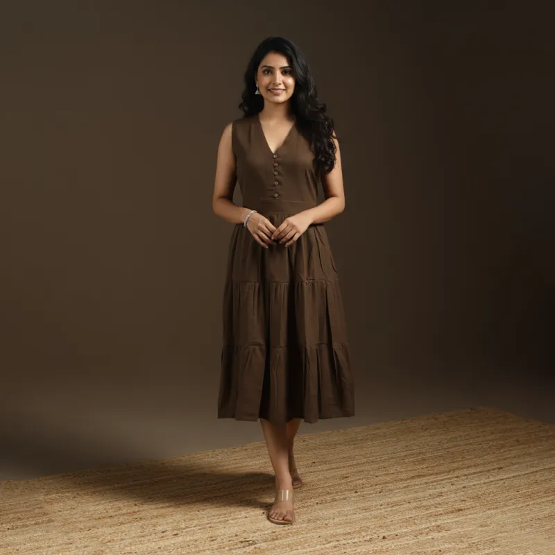 Brown - Flex Cotton T iered Plain Dress 14 sold by Itokri