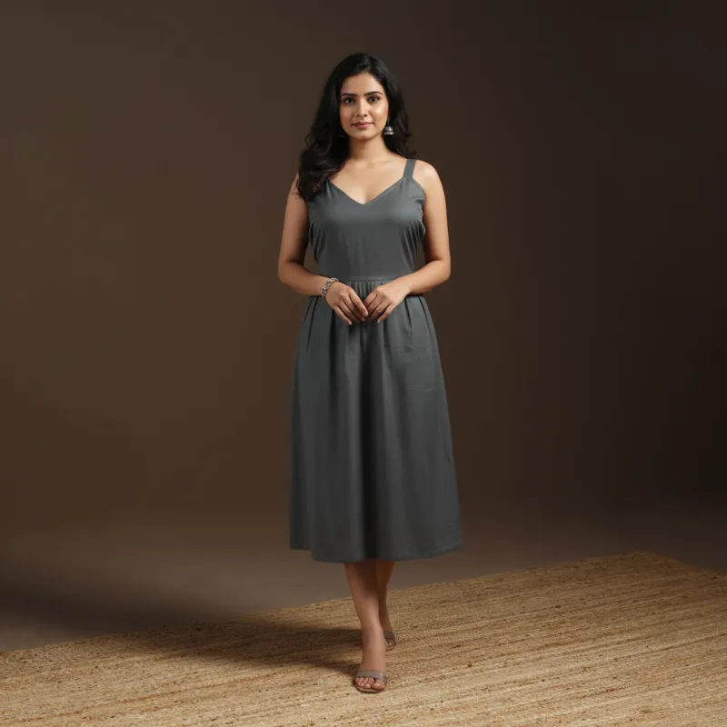 Grey - Flex Cotton Tiered Plain Dress 02 sold by Itokri
