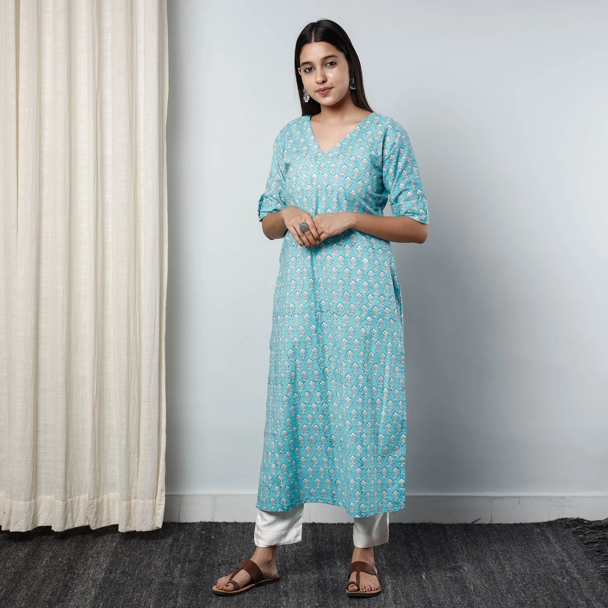 Blue - Sanganeri Block Printed Cotton Long Straight Kurta sold by Itokri product image thumbnail 2