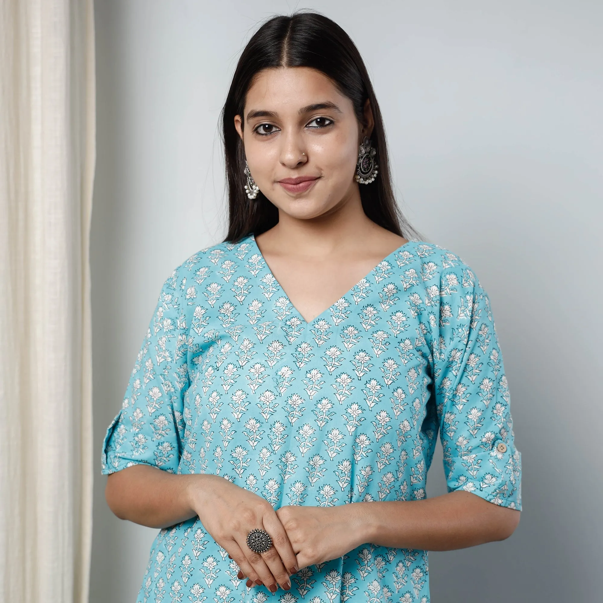 Blue - Sanganeri Block Printed Cotton Long Straight Kurta sold by Itokri