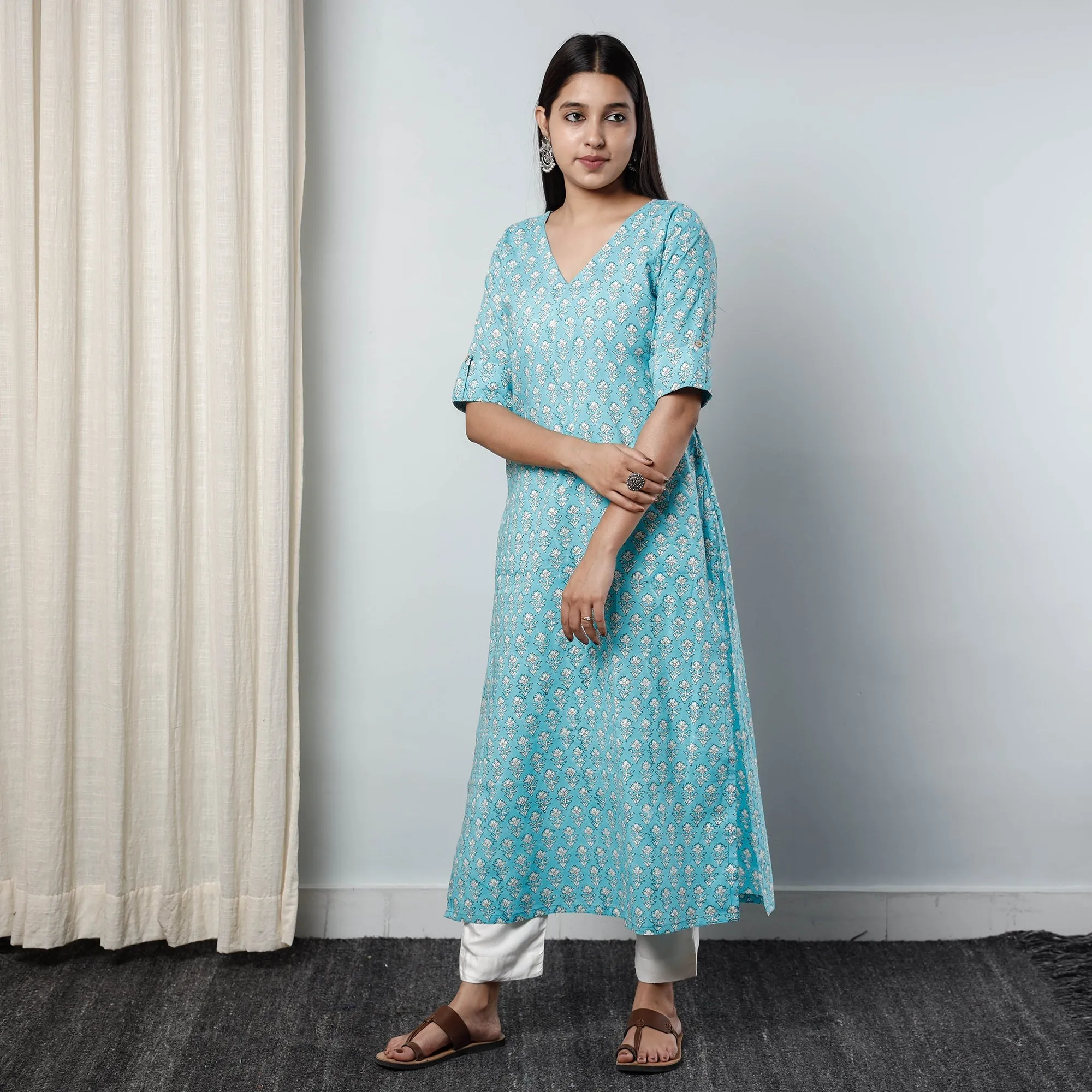 Blue - Sanganeri Block Printed Cotton Long Straight Kurta sold by Itokri product image thumbnail 3