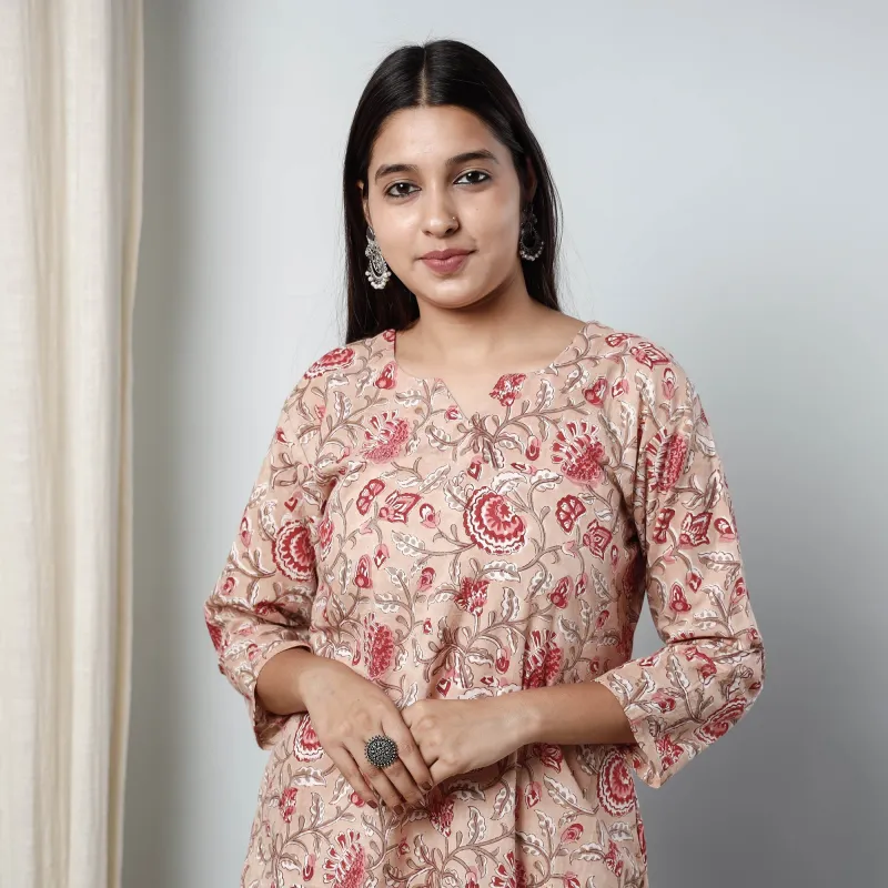 Peach - Sanganeri Block Printed Cotton Long Kurta sold by Itokri