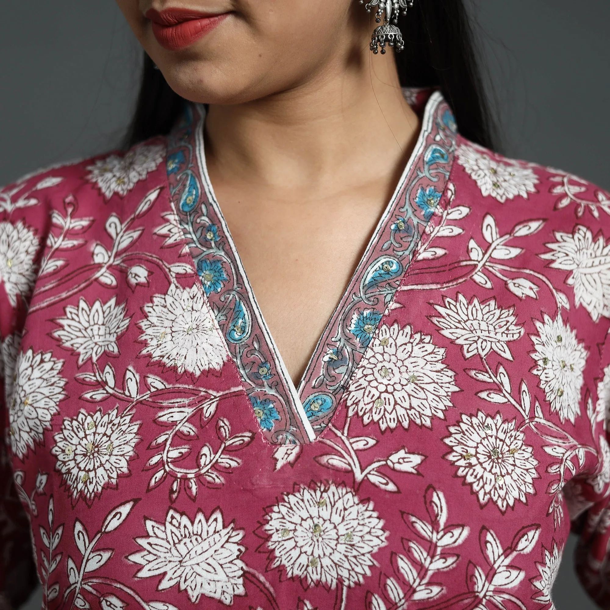 Red - Sequins Work Cotton Straight Sanganeri Print Kurta 01 sold by Itokri product image thumbnail 4