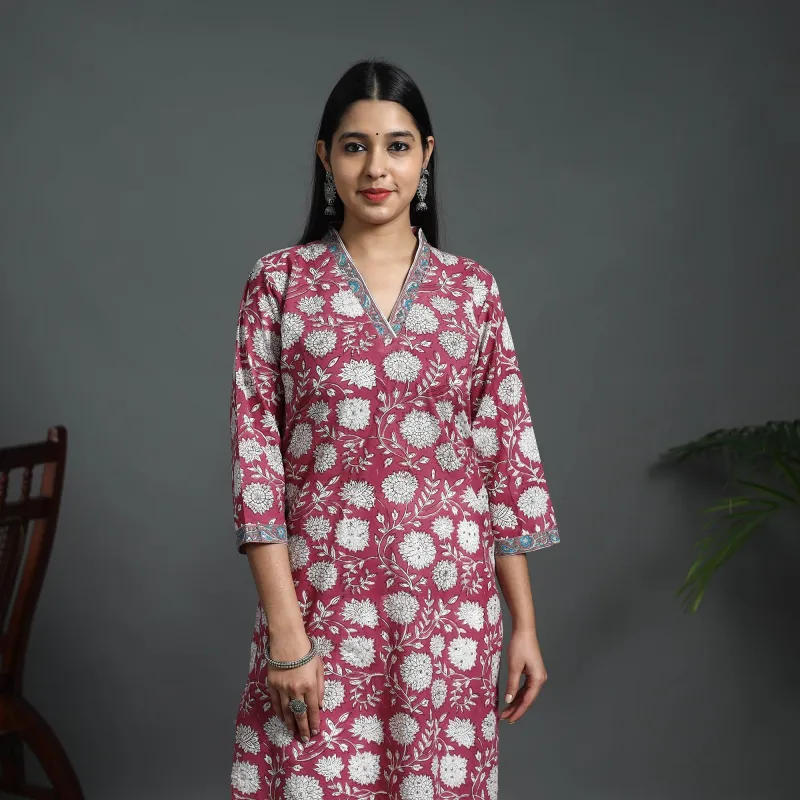 Red - Sequins Work Cotton Straight Sanganeri Print Kurta 01 made by Itokri