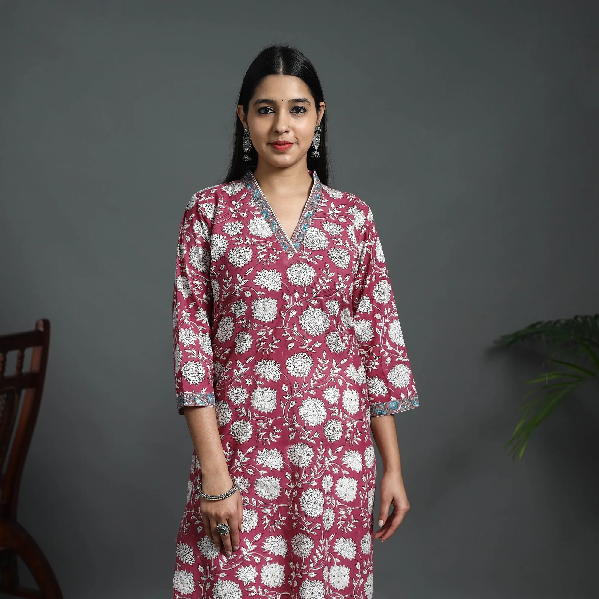 Red - Sequins Work Cotton Straight Sanganeri Print Kurta 01 sold by Itokri