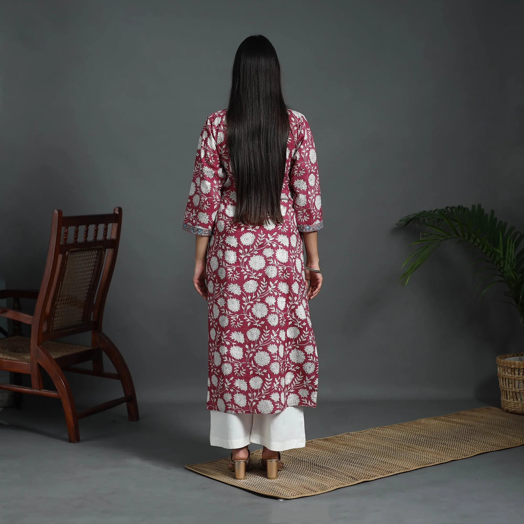 Red - Sequins Work Cotton Straight Sanganeri Print Kurta 01 sold by Itokri product image thumbnail 5