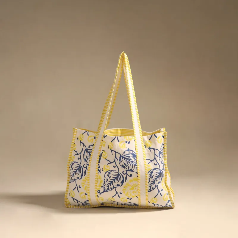 Yellow - Floral Hand Block Print Tote Bag 03 sold by Itokri