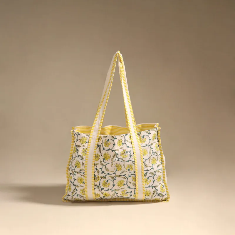Yellow - Floral Hand Block Print Tote Bag 02 sold by Itokri
