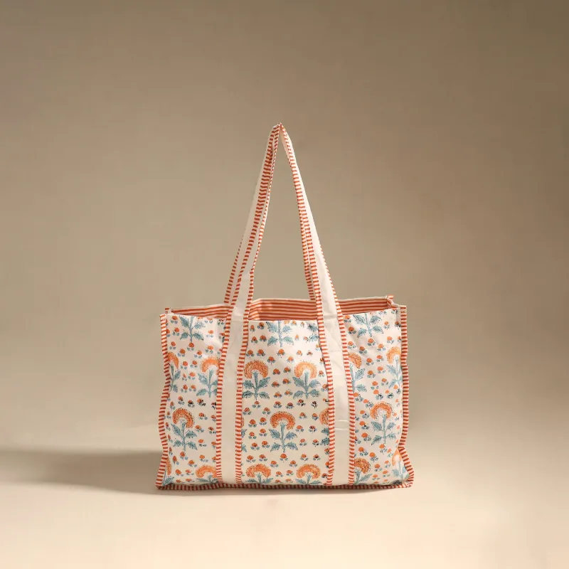 Orange - Floral Hand Block Print Tote Bag 01 sold by Itokri