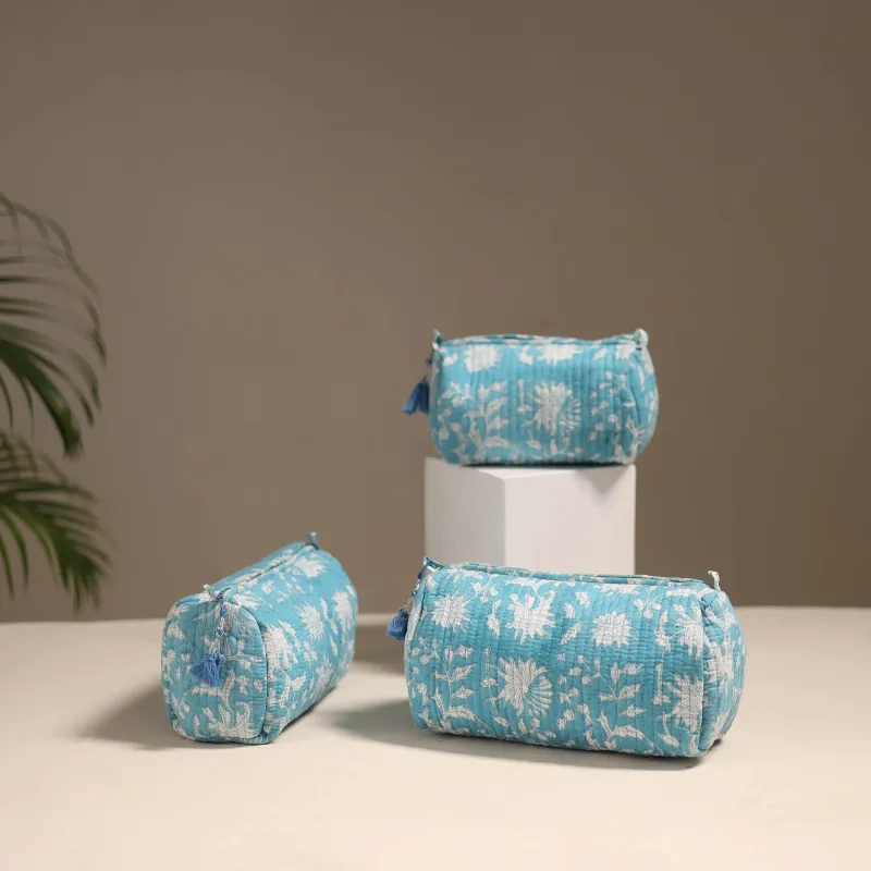 Blue - Floral Hand Block Print Quilted Toiletry Bags (Set of 3) 26 sold by Itokri