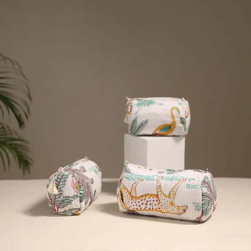 White - Floral Hand Block Print Quilted Toiletry Bags (Set of 3) 23 sold by Itokri